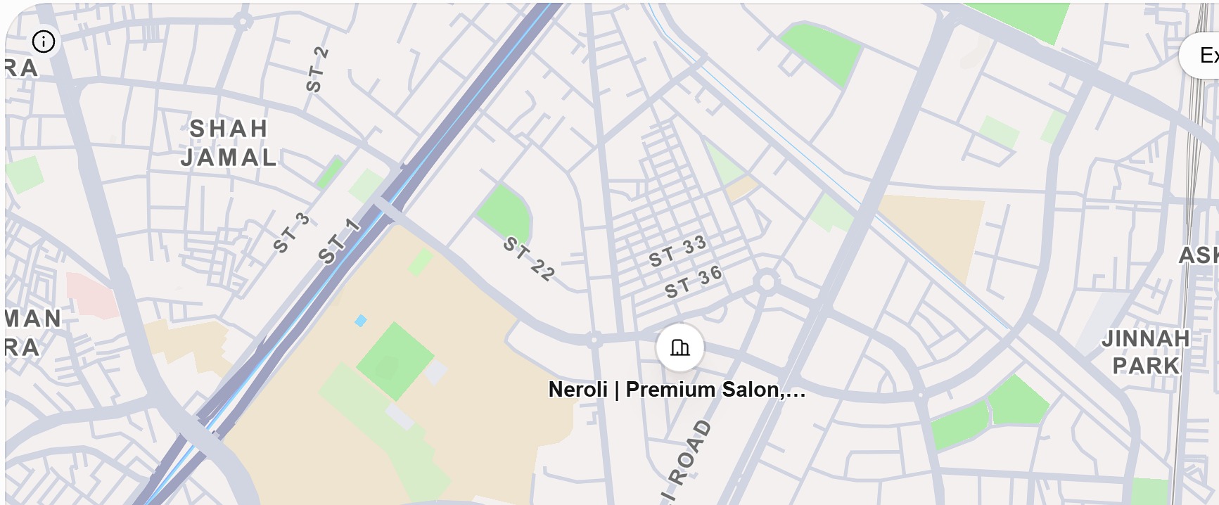 Map showing Neroli Premium Salon, Spa & Wellness in Gulberg 2, Lahore